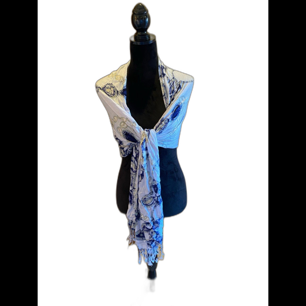 Scarf or Shawl or‎ Belt White with Blue & Navy Design w/ Fringe Lightweight